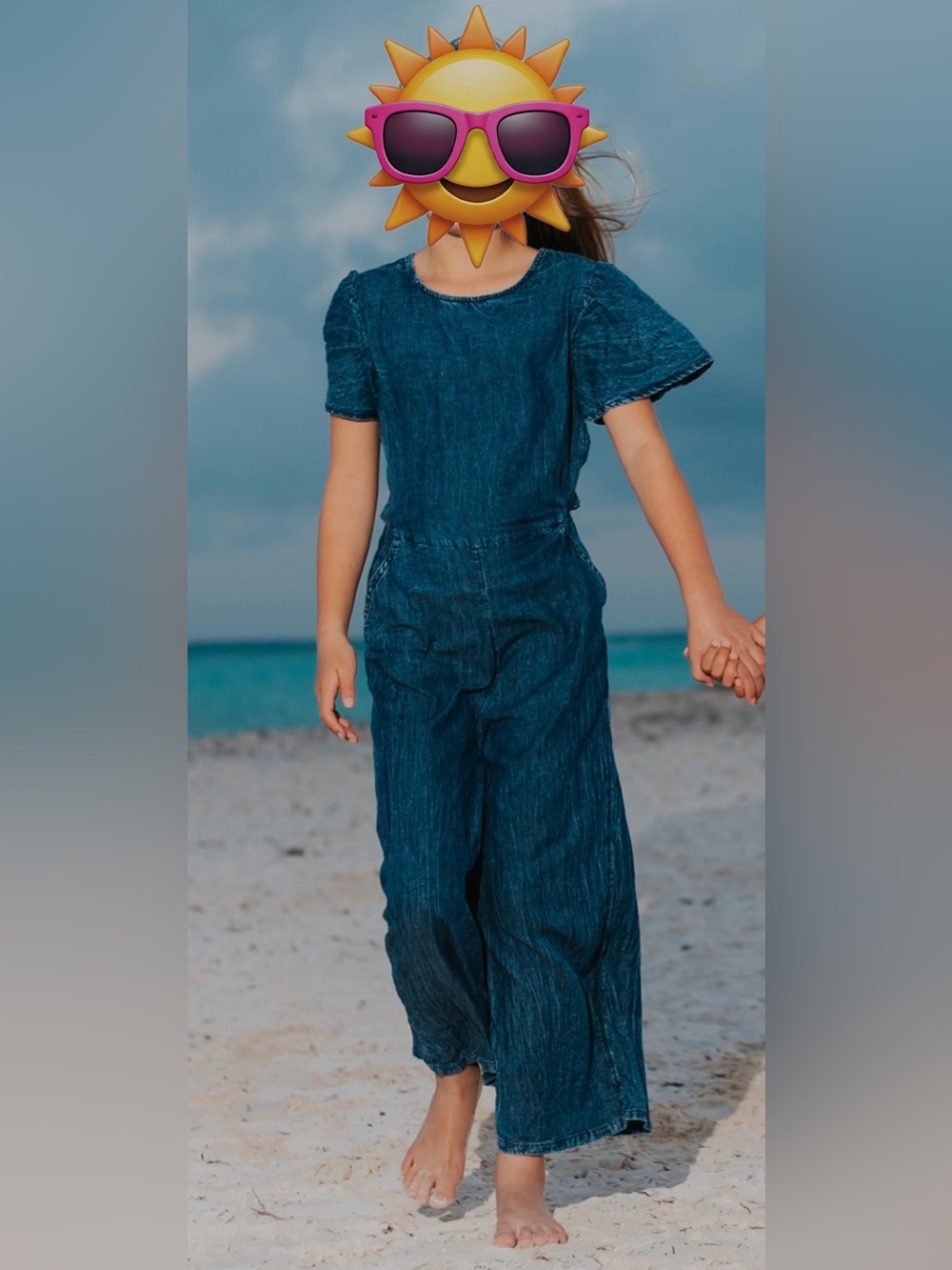 Nordstrom Girls Blue Denim Wide-Leg Jumpsuit with Flutter Sleeves. Size 10/12